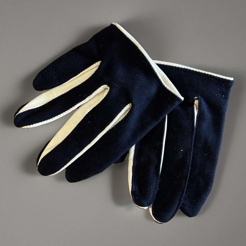 Vintage Sexy 1/2 Palm Finger Gloves Navy Suede Cream Leather Trim XS Mod Supple